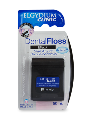 ELGYDIUM CLINIC DENTAL FLOSS BLACK, ΛΕΠΤΟ ΟΔΟΝΤΙΚΟ ΝΗΜΑ ΜΑΥΡΟΥ ΧΡΩΜΑΤΟΣ ΚΗΡΩΜΕΝΟ ΜΕ ΧΛΩΡΕΞΙΔΙΝΗ